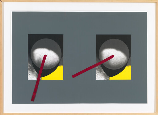 Two framed abstract panels show round gray shapes with yellow accents and red diagonal strips.