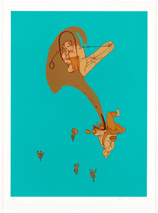 A person swings on a lasso, pulling another figure through a brown splash while small figures fall.