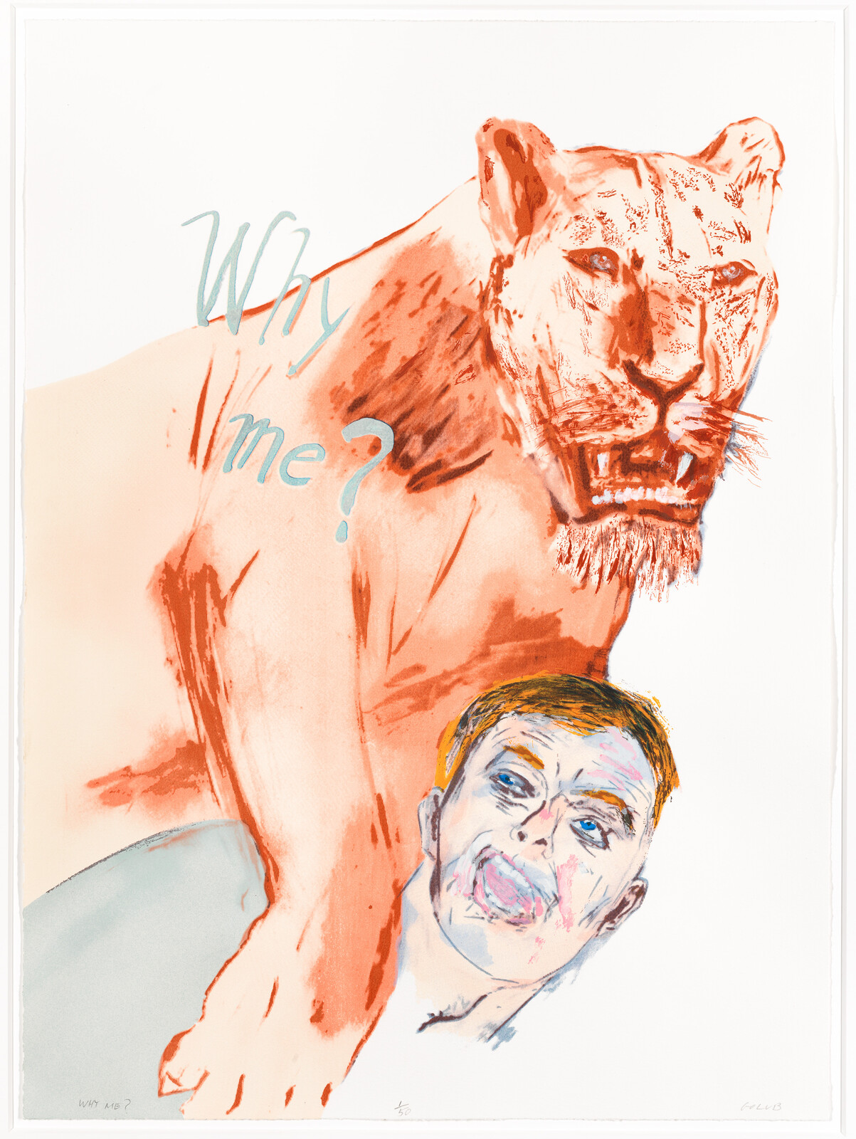 A colorful artwork featuring a large, sketched figure of a lion in red tones with a human face below it, both set against a white background. The lion is depicted in a standing pose, facing forward, while the human face appears contorted with exaggerated features. The phrase "Why me?" is written in a whimsical script above the lion, creating a sense of questioning or contemplation.