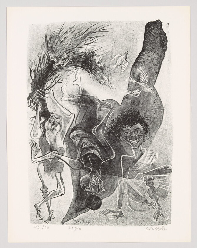 Three distorted figures and birds swirl around a leaning dark rock in a surreal black-and-white print.