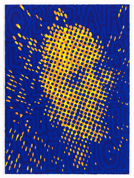 Yellow halftone dot pattern forms a splash-like shape against a deep blue background.