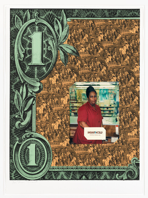 A woman in a red uniform stands behind a store counter framed by a dollar-bill collage.