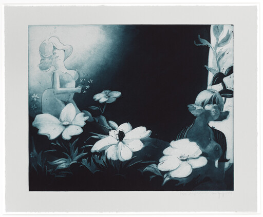 Two stylized women stand among oversized white flowers in a dark, moody garden.