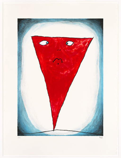 A large red triangle with eyes and a small mouth floats above a curved blue ground.