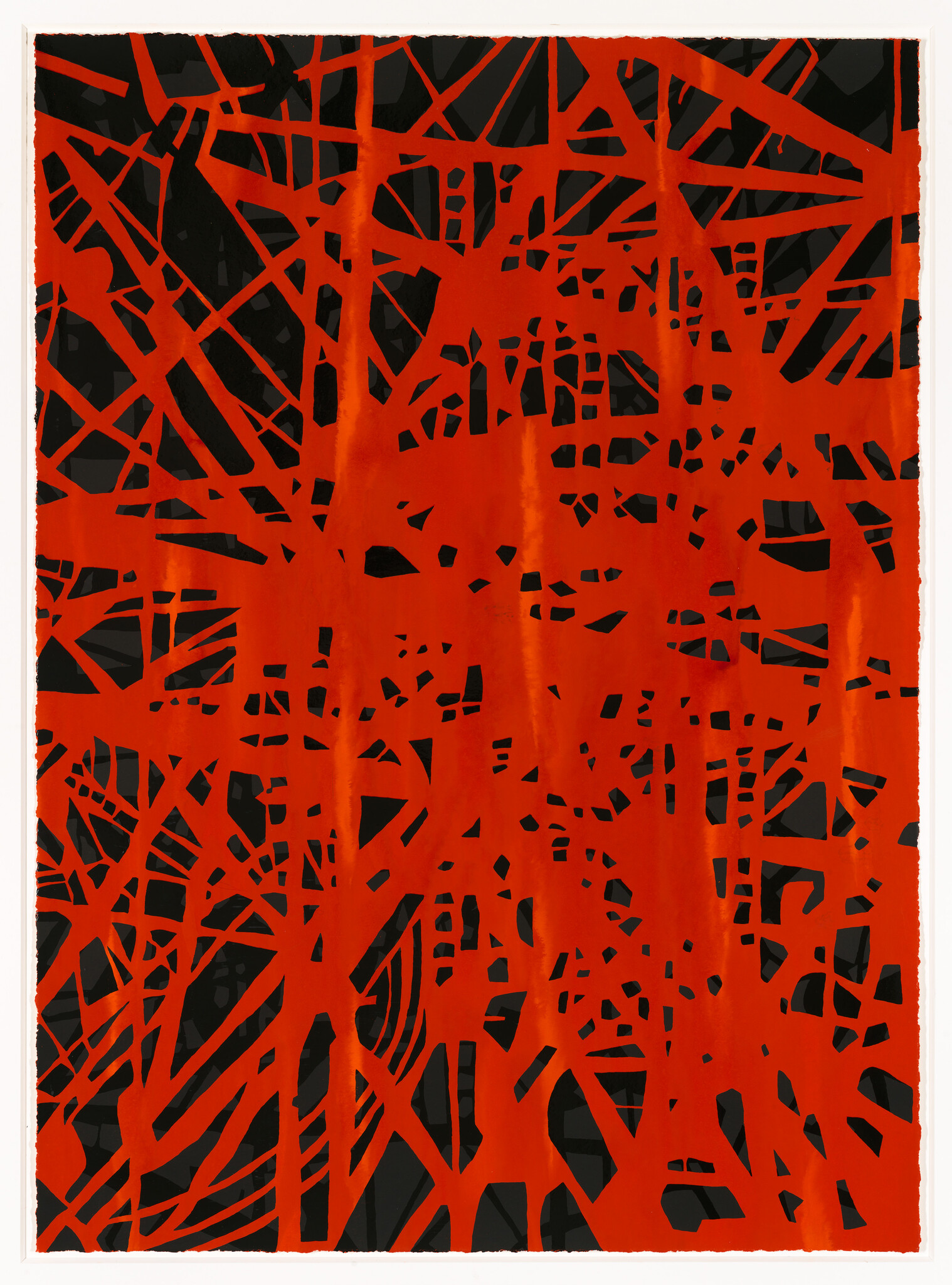 Bold red lattice of irregular intersecting lines overlays a black background in an abstract pattern.