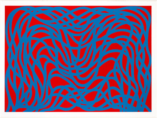 Blue wavy ribbons weave across a solid red background creating a tangled pattern.