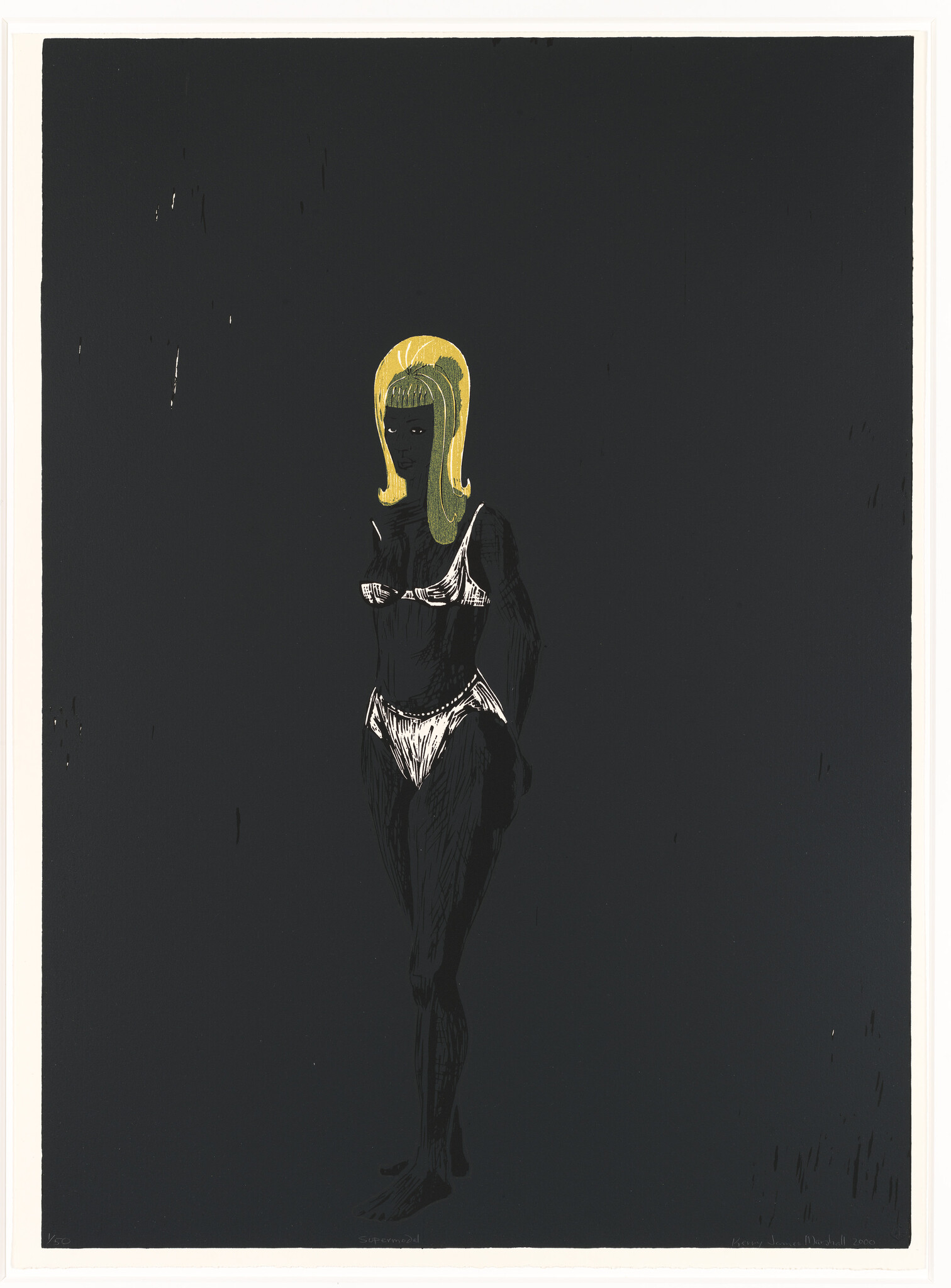 A dark-skinned woman with blonde hair stands in a white bikini against a black background.