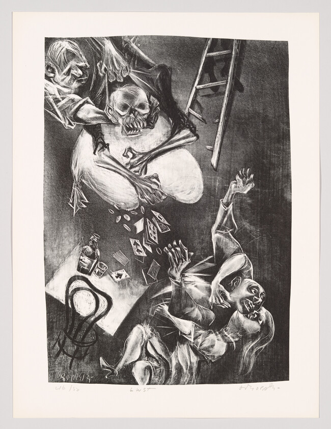 This is a black and white lithograph depicting a chaotic scene with distorted figures and objects. In the foreground, a person with an exaggerated expression of terror is falling backward with arms raised. Above and to the left, a skeletal figure looms over, while another eerie figure with hollow eyes appears to be in motion. Scattered around are playing cards, a broken ladder, and a bottle with a glass. The artwork has a dark, intense atmosphere and includes the artist's signature and edition number at the bottom.