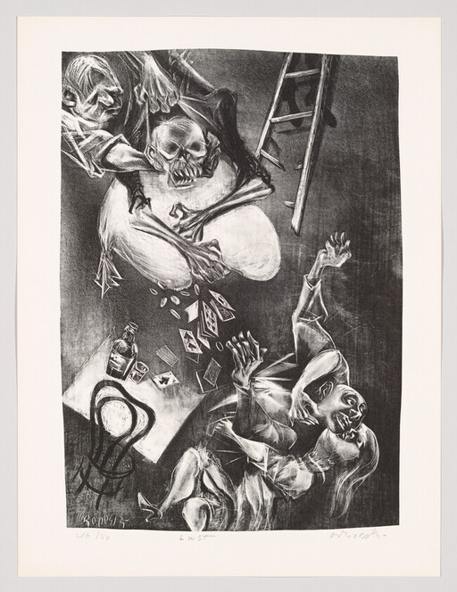 A skeletal figure hovers above a struggling couple as playing cards and a bottle scatter below.
