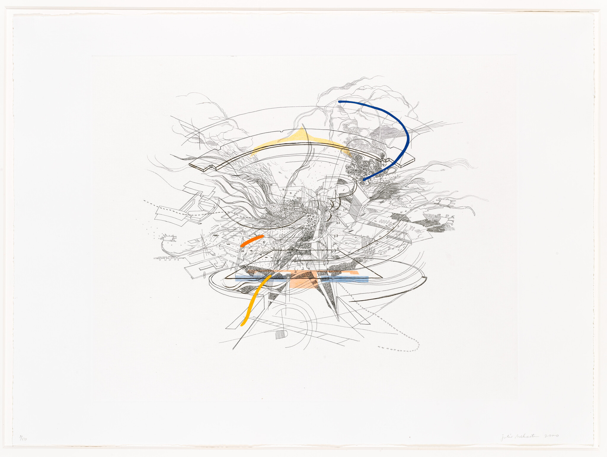A complex and abstract line drawing featuring a whirl of intricate lines, geometric shapes, and scribbles in black and white, with sparse use of color—yellow, orange, and a prominent blue arc. The artwork is on a white background and appears to be a modern or contemporary piece, signed and dated by the artist in the bottom right corner.