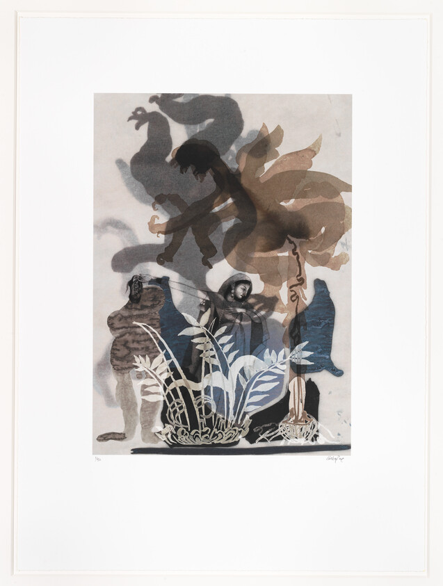 Layered silhouettes of people, animals, and plants overlap in muted tones.