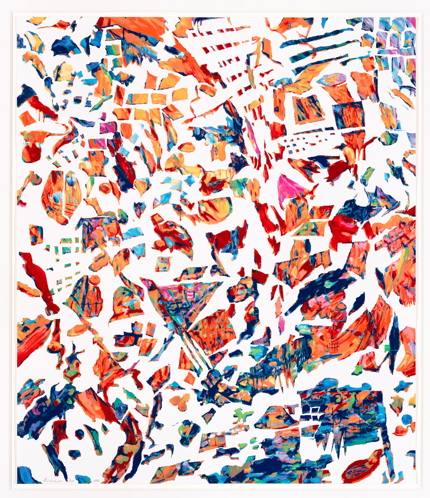 Bright orange, blue, and pink paint fragments scattered across a white background in an abstract pattern.