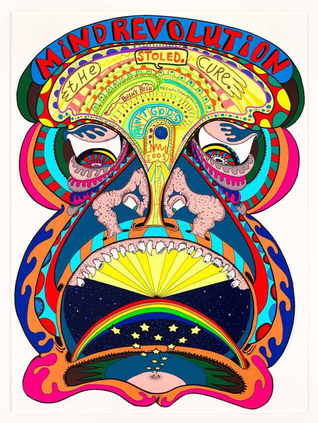 Psychedelic colorful face with open mouth and the words "Mind Revolution" arching across the top.
