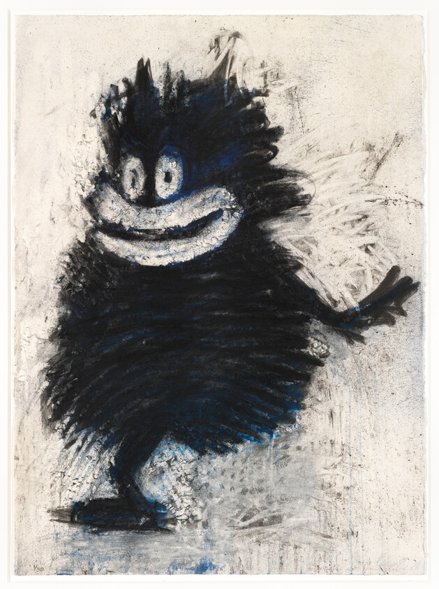 A fluffy dark cartoon creature with a wide grin and big eyes struts across the page.