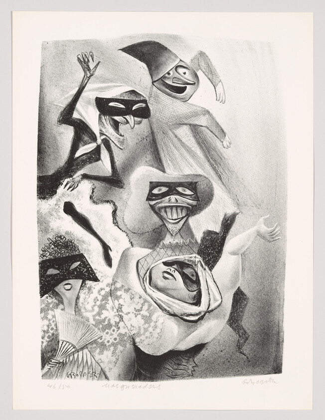 A group of five masked, costumed figures with exaggerated faces posing like carnival characters.