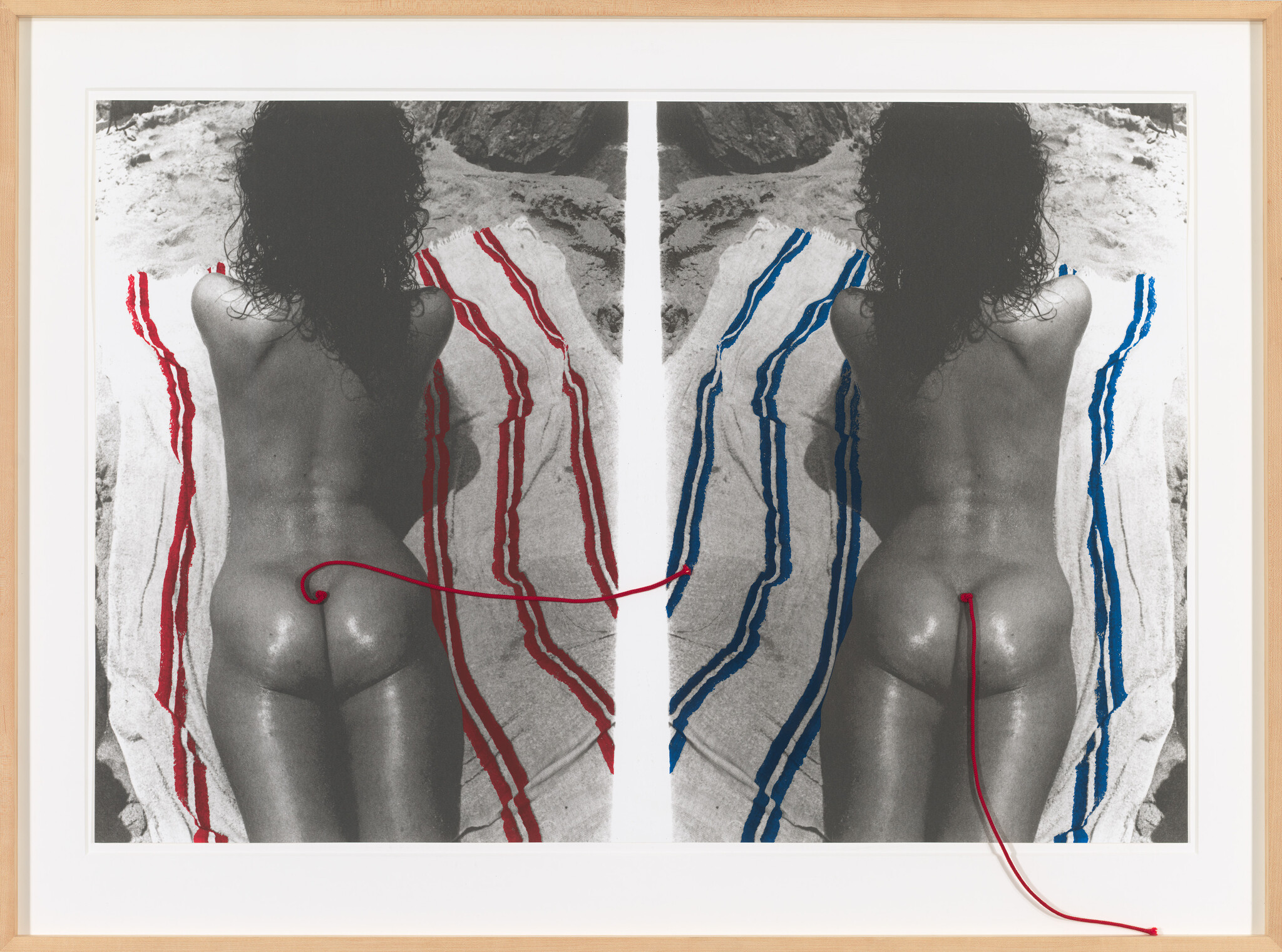Nude woman lying face down on striped towels mirrored, connected by a red string through each image.