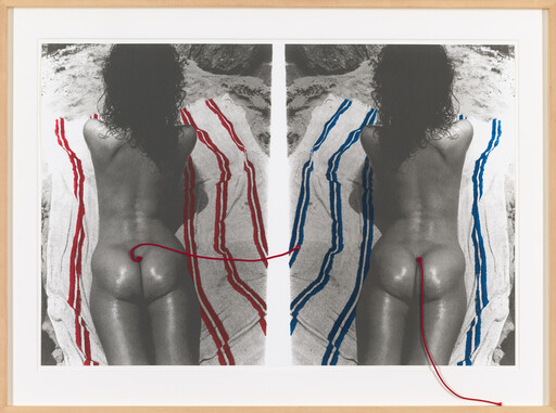 Nude woman lying face down on striped towels mirrored, connected by a red string through each image.
