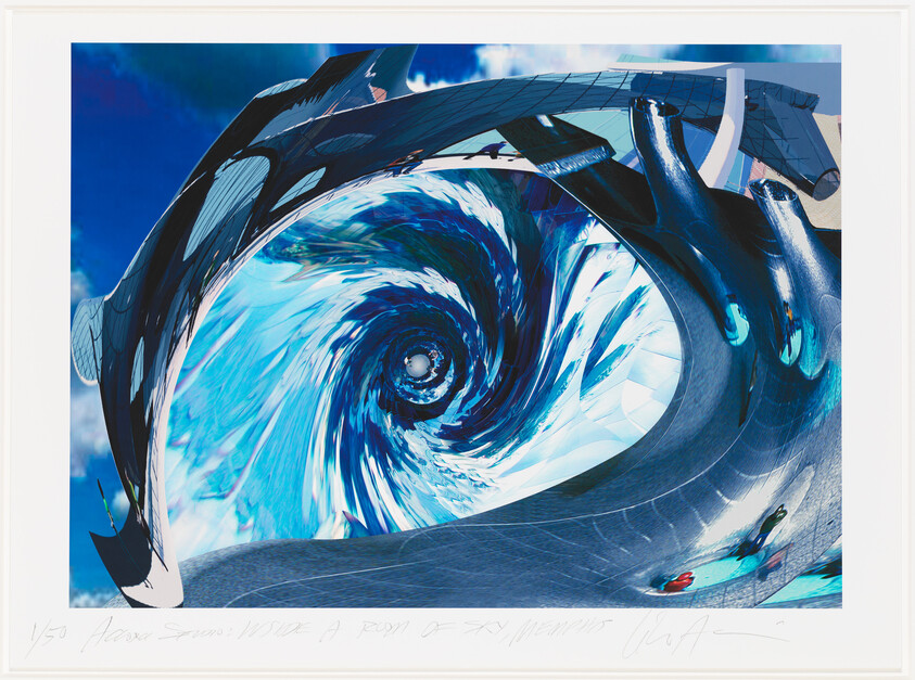 A large blue swirling vortex framed by curved metallic architectural structures.