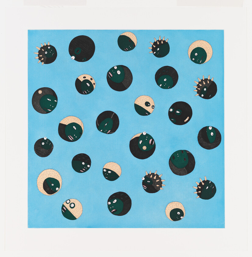 Multiple round faces with varied expressions floating on a bright blue background.