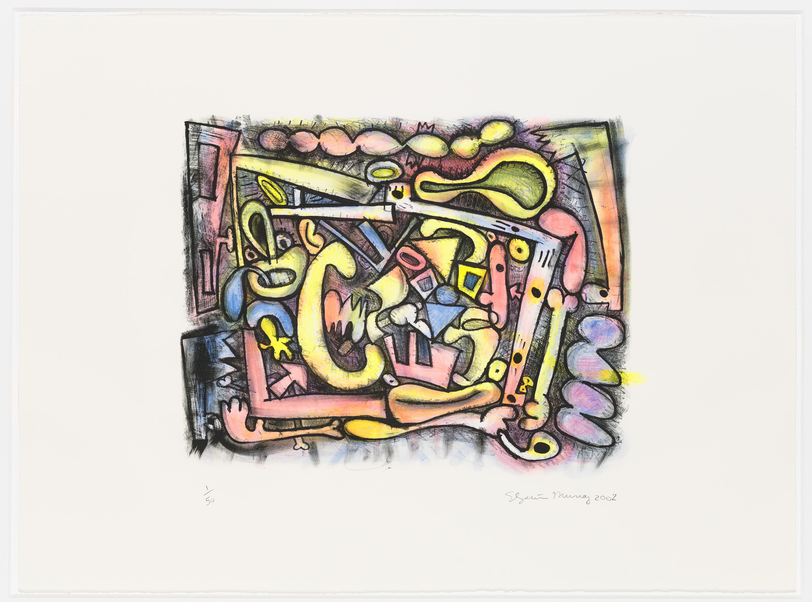 Abstract colorful doodble with intertwined shapes, bold black outlines, and pastel yellow and pink areas.