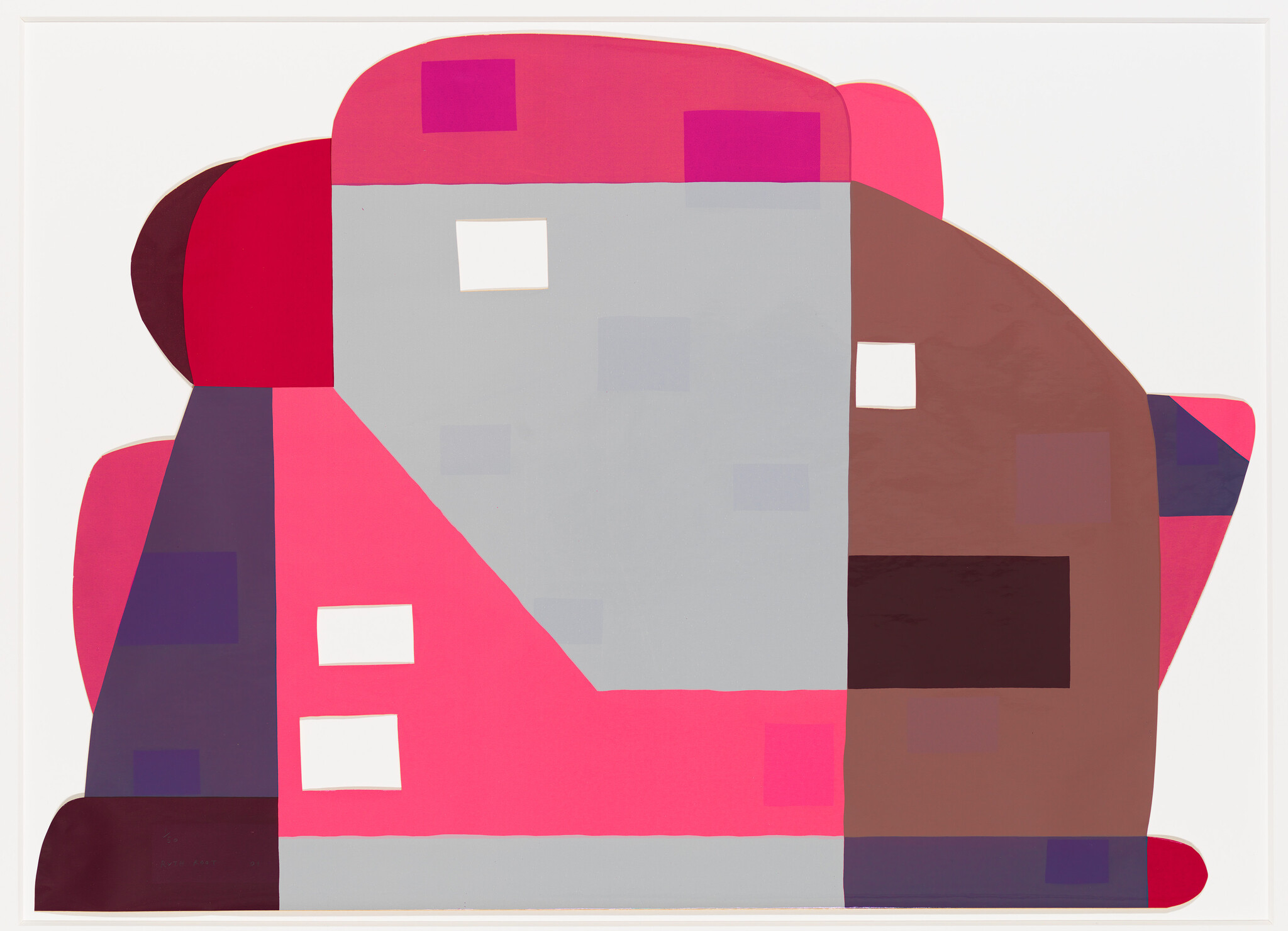 Large abstract composition of overlapping pink, gray, brown, and purple geometric shapes with white squares.