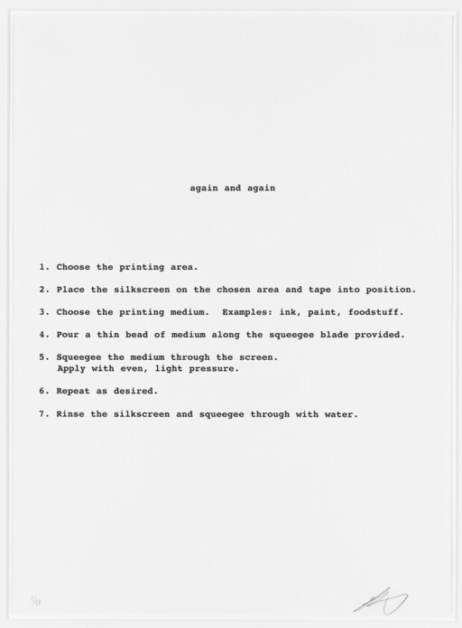 Typed instructions titled "again and again" listing seven steps for silkscreen printing and cleanup.