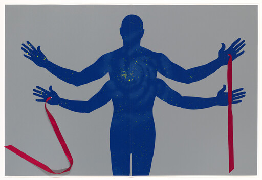 Blue human silhouette with four arms speckled like stars holding a red ribbon.