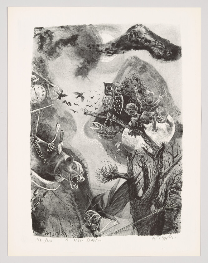 This is a black and white etching featuring a surreal and fantastical scene. At the center, an owl perches on a branch, surrounded by various creatures and elements that blend the boundaries between animal, human, and mythical. To the left, a figure with a wolf-like face howls upwards, while a humanoid figure with a fish head appears to be caught in a moment of surprise or shock. A figure with a broom, possibly a witch, is seen flying on a broomstick in the lower right corner. The background includes a cloudy sky with a bright moon or sun partially obscured by clouds, and birds in flight, adding to the dreamlike atmosphere. The image is numbered "46/150" and titled "A New Dawn" at the bottom, with the artist's signature on the right.