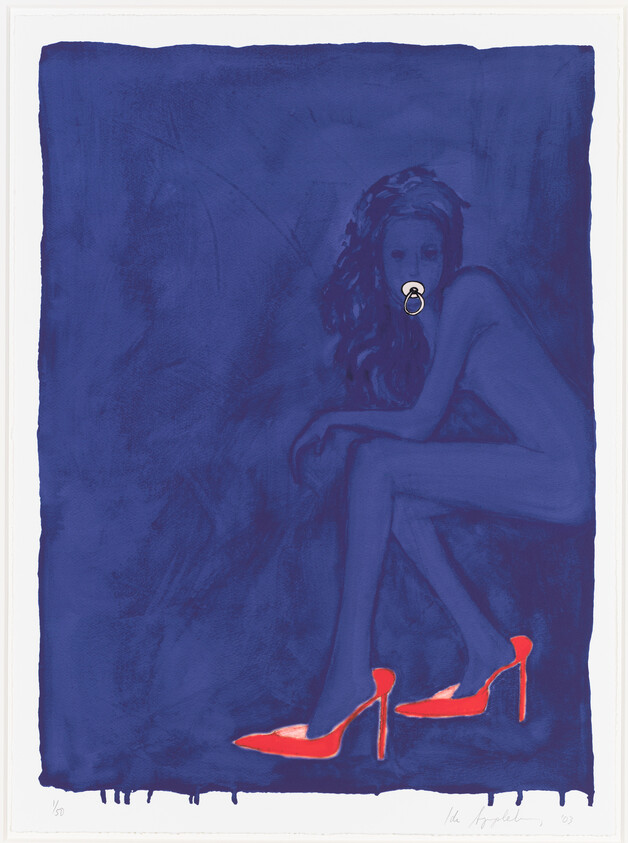 A monochromatic artwork depicting a seated female figure in a contemplative pose, rendered in shades of blue against a blue background, with a striking contrast of red high-heeled shoes placed near the bottom of the composition.