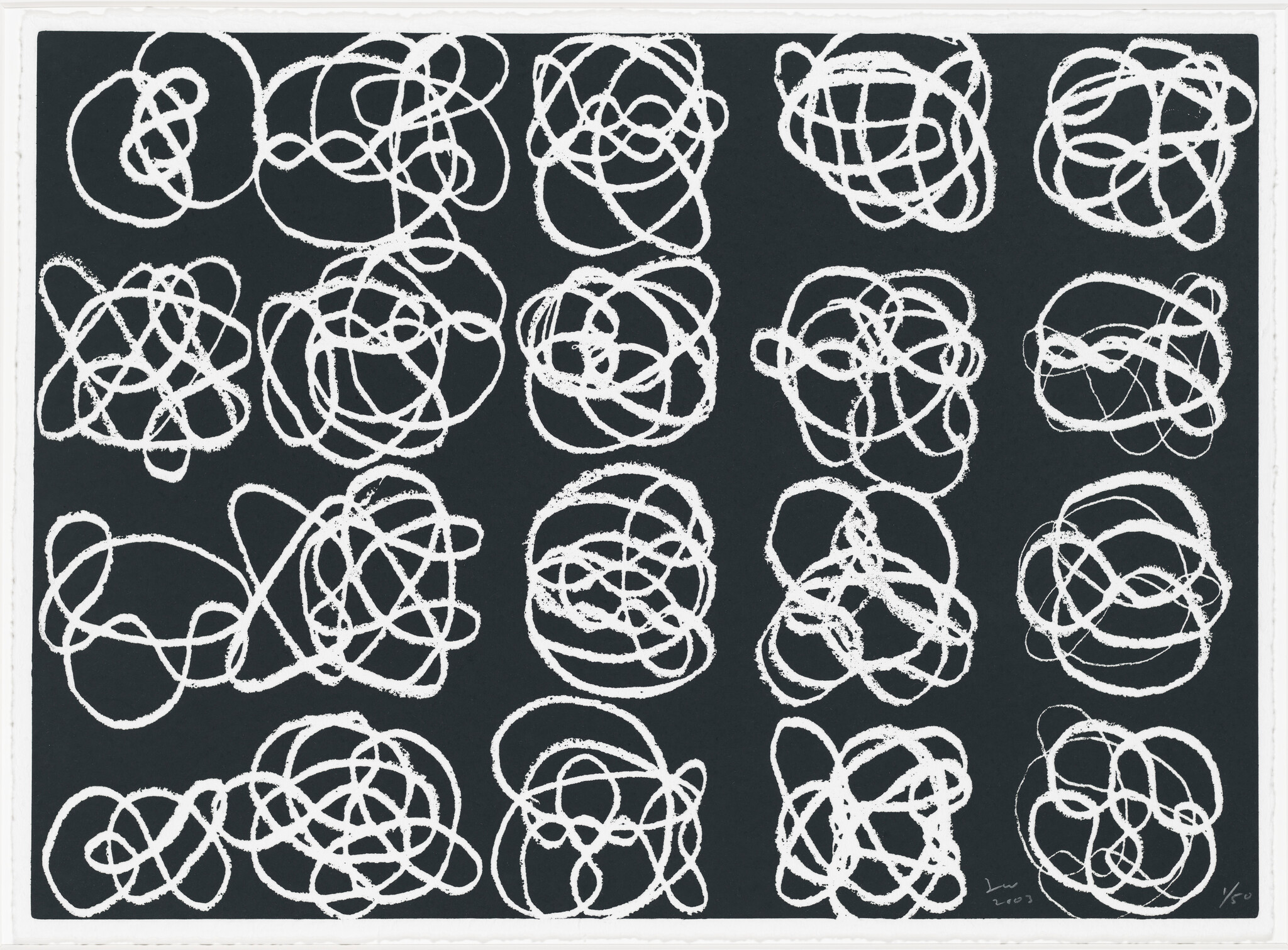 Twenty white chalk-like scribbles arranged in a five-by-four grid on a dark background.