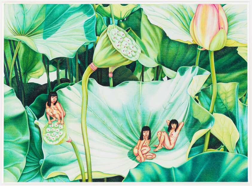 Three tiny nude figures sit and relax on oversized lotus leaves and seed pods.