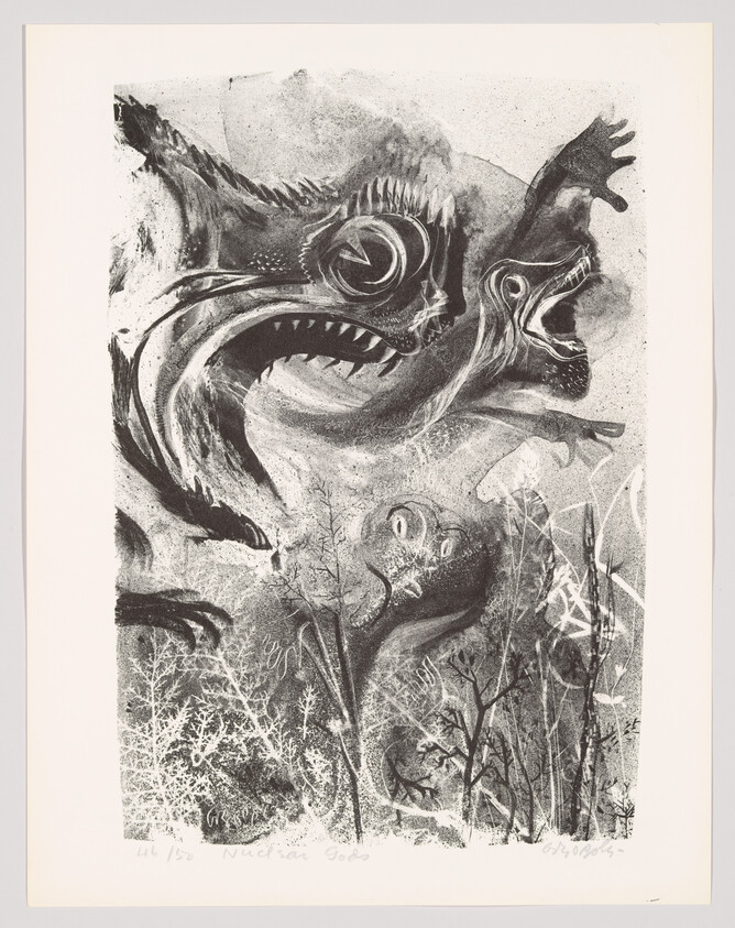 Two large monstrous sea creatures swirl above a barren forest, mouths open and teeth bared.