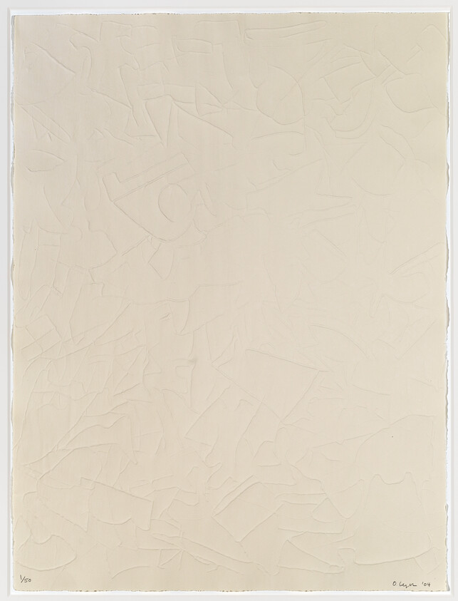 A textured artwork featuring an array of abstract, embossed shapes on a cream-colored paper. The shapes are irregular and interlocking, creating a subtle, raised pattern across the surface. The bottom left corner has a handwritten inscription, and the bottom right corner contains the artist's signature and the year.