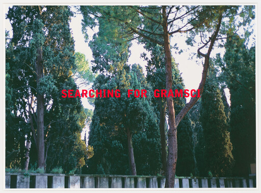 Tall evergreen trees stand behind a concrete wall with red text reading "SEARCHING FOR GRAMSCI".