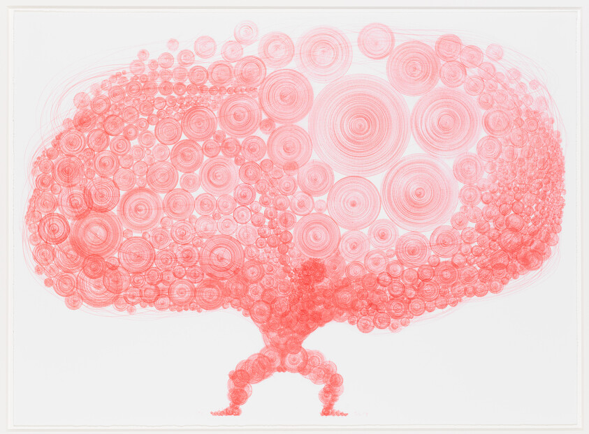 Artistic representation of a brain made with overlapping red circles of various sizes on a white background.