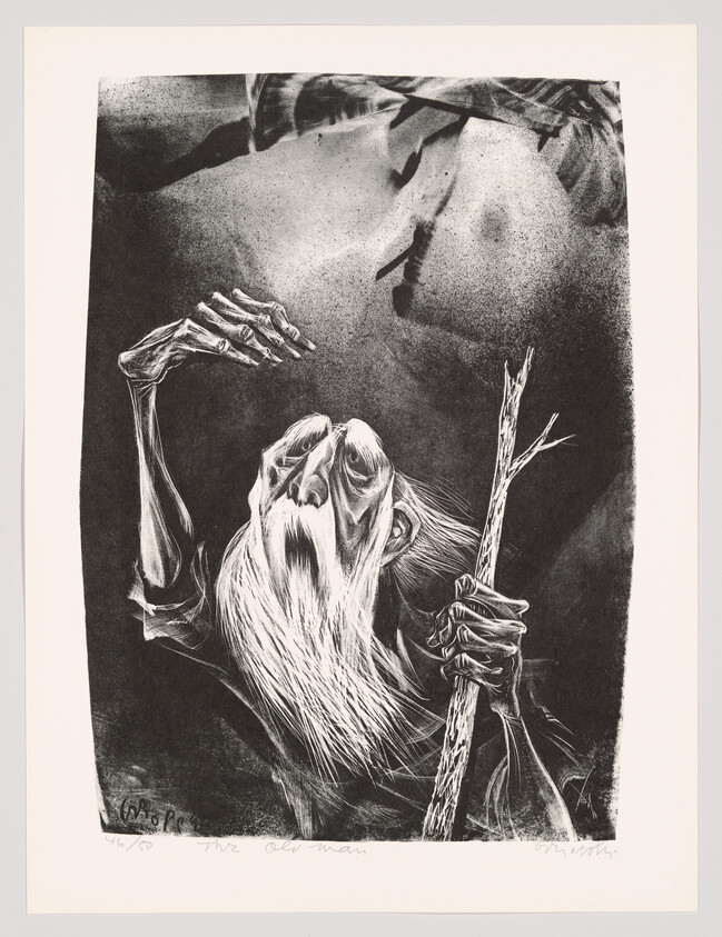 An old bearded man clutches a wooden staff and reaches upward with a weathered hand.