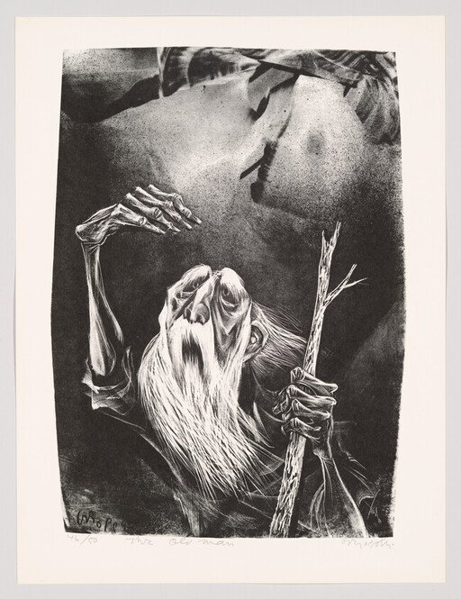 An old bearded man clutches a wooden staff and reaches upward with a weathered hand.