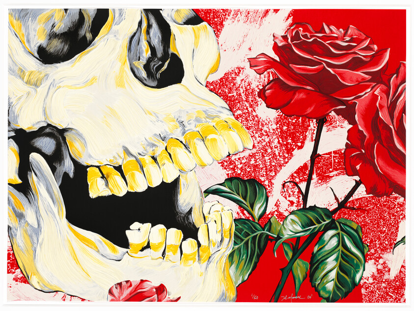 A vibrant artwork featuring a large, detailed skull in the center with a bright red rose to the right. The skull is painted with yellow and white tones, and the rose has rich red petals with a dark stem and green leaves. The background is a mix of red and white splatters, creating a dynamic contrast. The image has a signature and edition number on the bottom right.