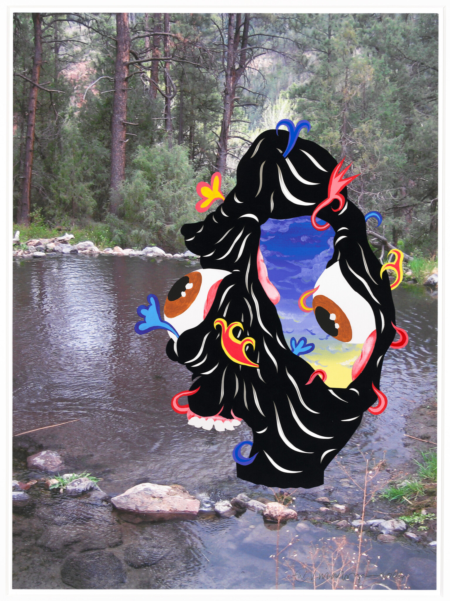 A colorful, abstract illustration of a face superimposed on a photograph of a serene river scene with trees and rocks. The artwork features bold black lines and vibrant colors, with whimsical shapes and patterns that form the eyes, mouth, and other facial features.
