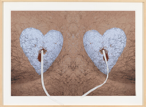 Two blue heart-shaped patches with white ribbons covering hairy chest nipples.