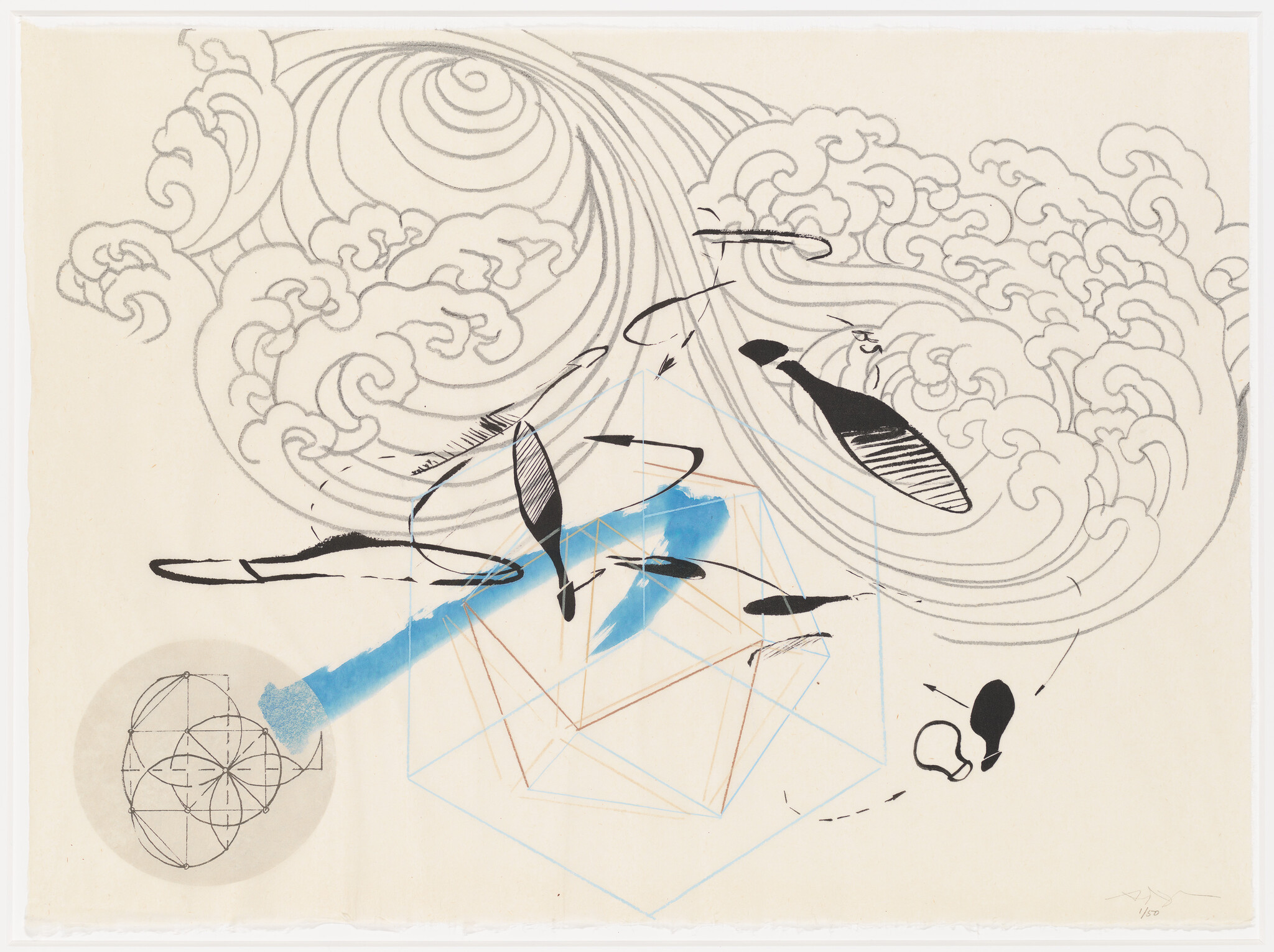 An abstract artwork featuring swirling cloud patterns in black ink, with geometric shapes and lines in blue and brown, and silhouettes of birds in flight overlaid on the dynamic background.