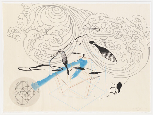 Abstract composition showing swirling waves, floating black brush marks, a blue diagonal stroke, and geometric outlines.