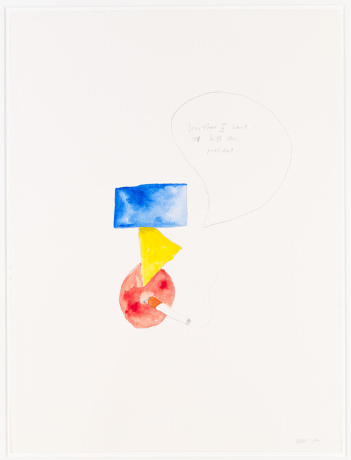 Abstract blue, yellow, and red shapes form a smoking figure with a speech bubble expressing desire to kill the president.