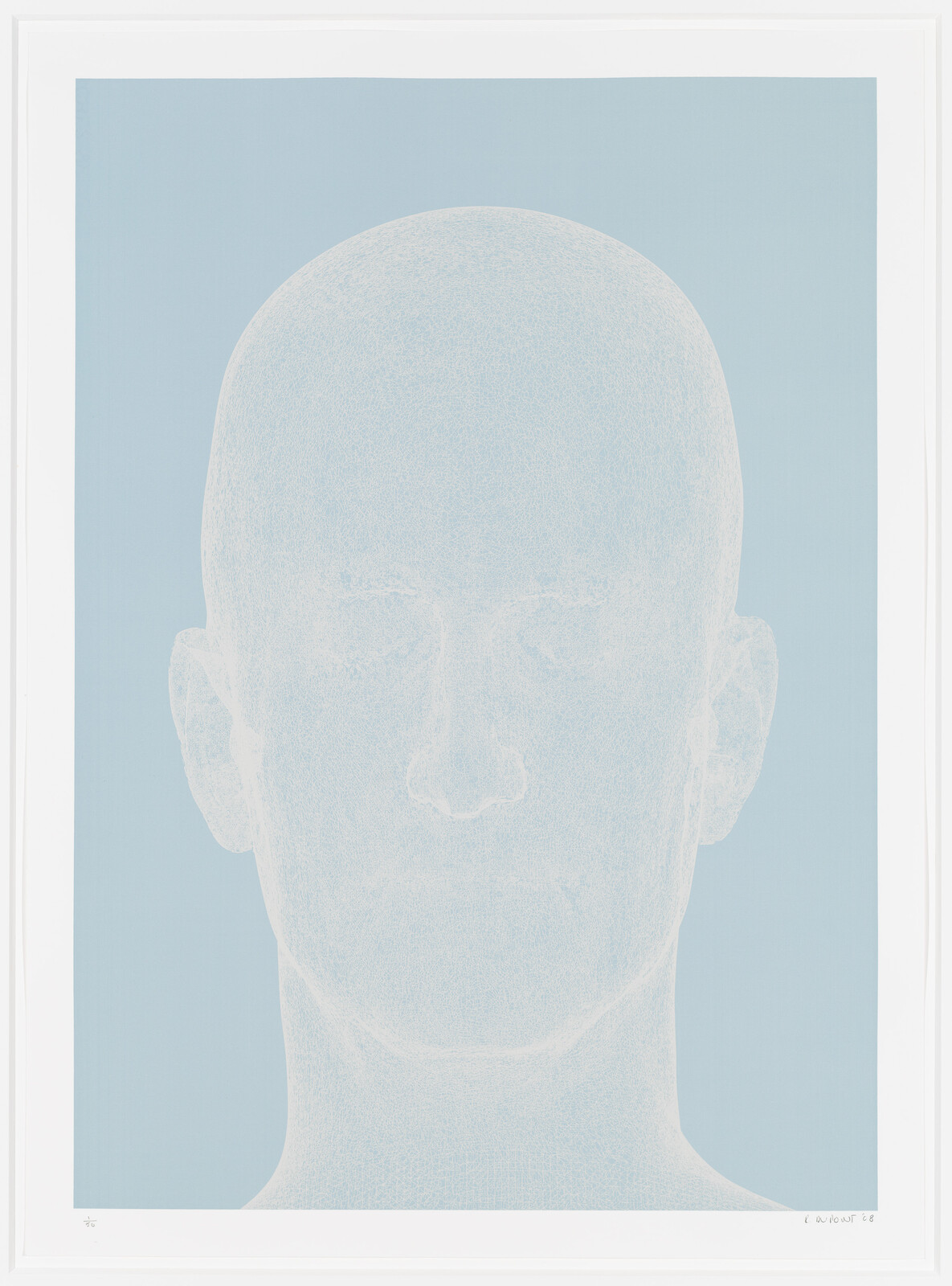 A minimalist artwork featuring a faint, embossed outline of a bald human head and shoulders on a pale blue background. The facial features are subtly detailed, conveying a serene and introspective expression. The piece is framed in white, with the artist's signature at the bottom right corner.