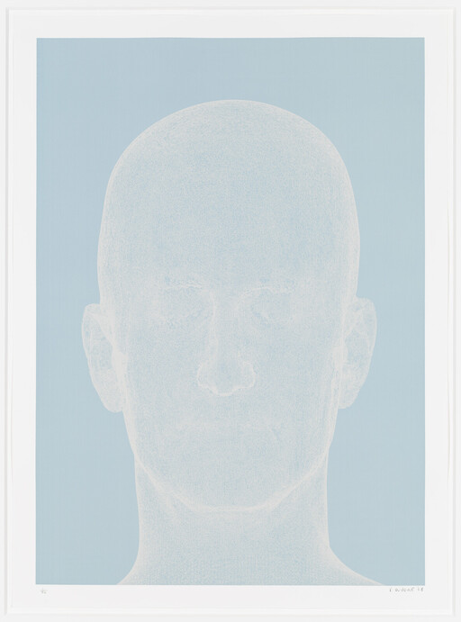 A large pale human head outline rendered in fine white dots against a light blue background.