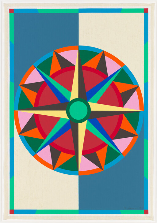 A bold, colorful geometric compass rose with eight pointed star on split blue and cream background.