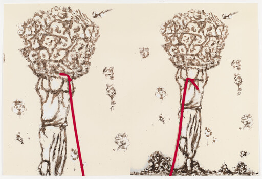 Two tall column figures topped with textured round tops, each marked by a red diagonal arrow.