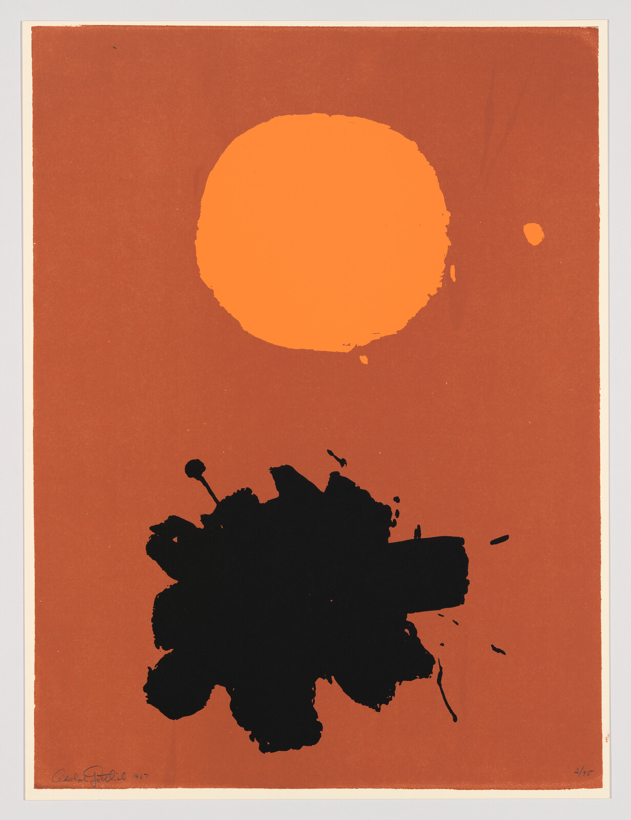 Large orange circle above a black ink blot on a burnt orange background.