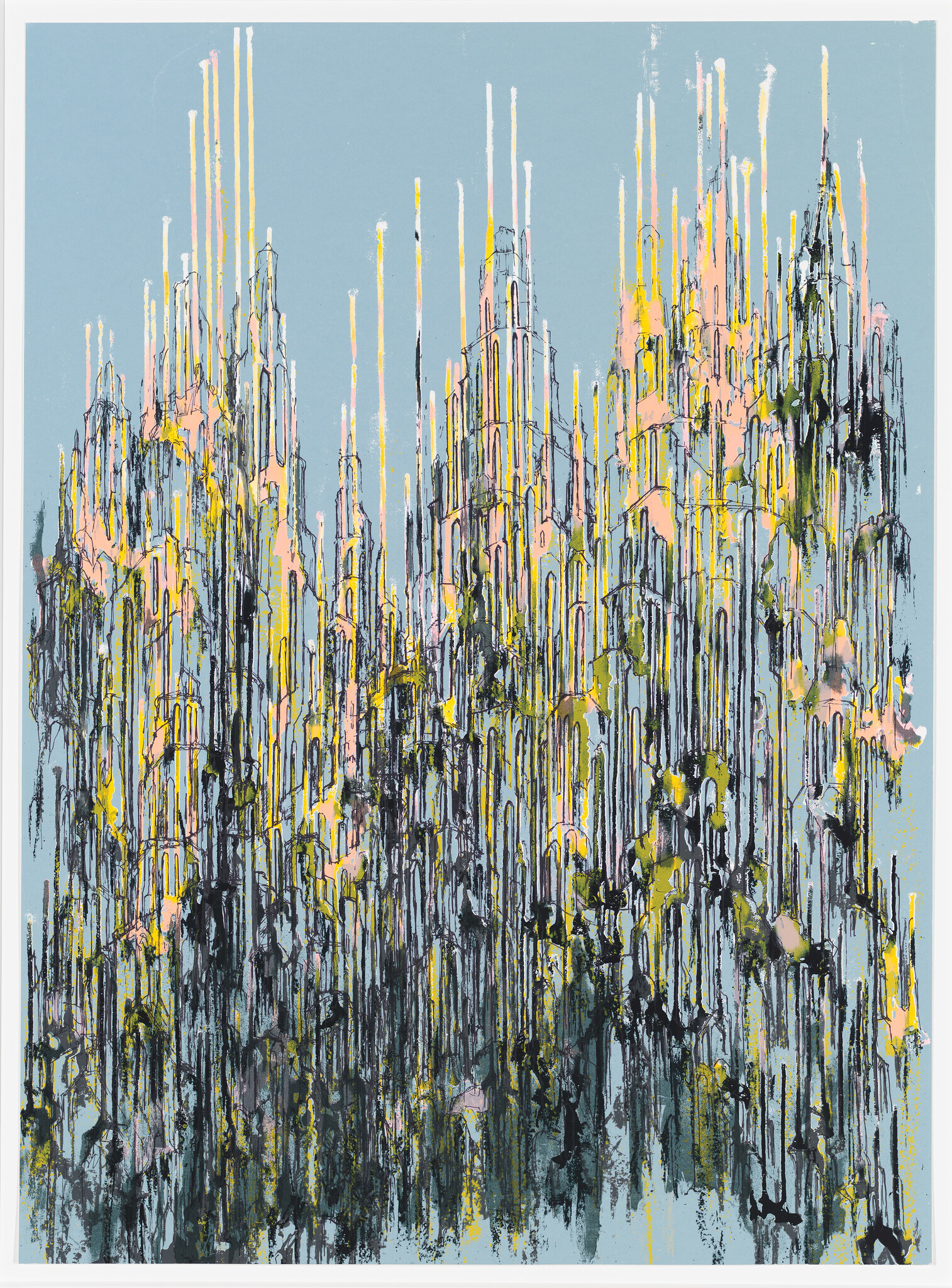Abstract painting with vertical drips and splatters in black, yellow, and pink on a pale blue background, creating an impression of a cityscape with tall buildings or spires.
