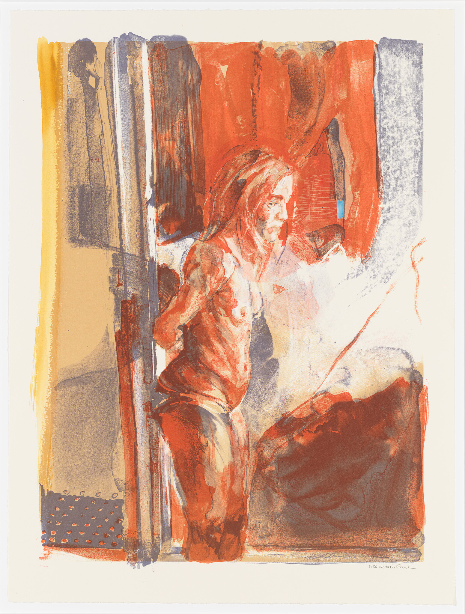 An abstract artwork featuring a blend of warm colors, predominantly red and orange, with a figure that appears to be in motion. The figure is somewhat obscured by the abstract shapes and brushstrokes, giving the impression of a dynamic, fluid scene. The artwork includes various textures and layers, with some areas appearing more opaque and others more translucent.